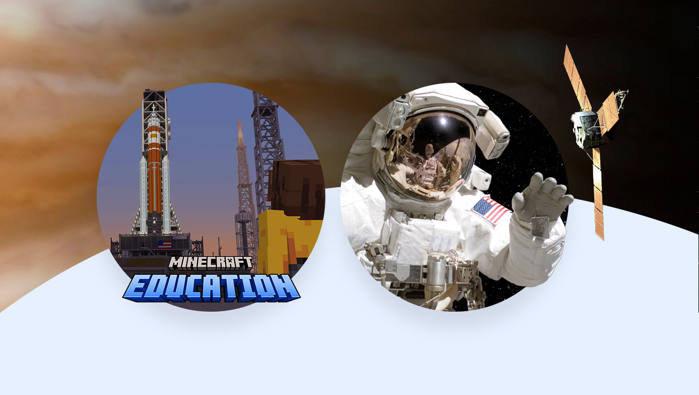 Minecraft screenshot alongside photo of astronaut and Minecraft Education logo